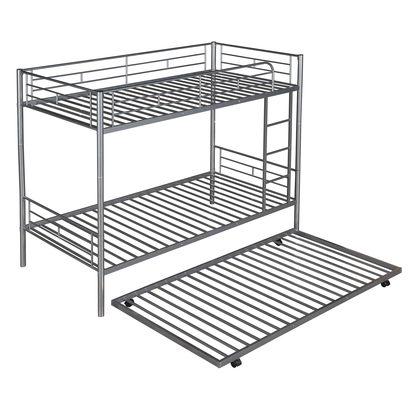 Twin-Over-Twin Metal Bunk Bed With Trundle Can be Divided into two beds No Box Spring needed White