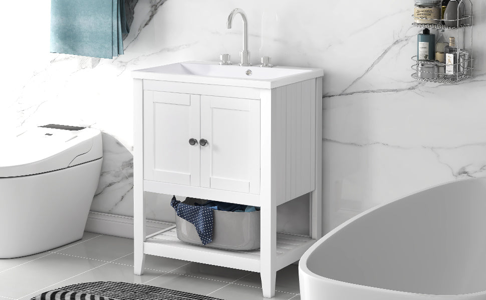 White Modern Sleek Bathroom Vanity Elegant Ceramic Sink with Solid Wood Frame Open Style Shelf