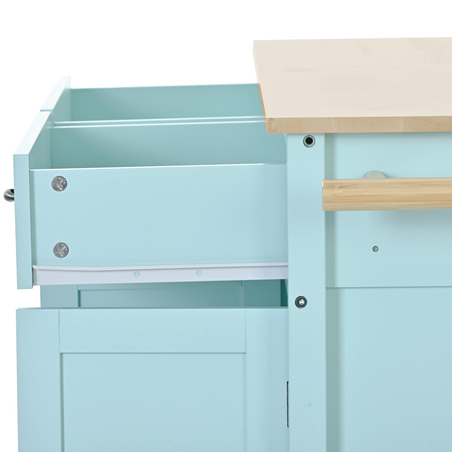 Kitchen Island Cart with 4-Door Cabinet, 2 Drawers, and Locking Wheels, Solid Wood Top in Mint Green