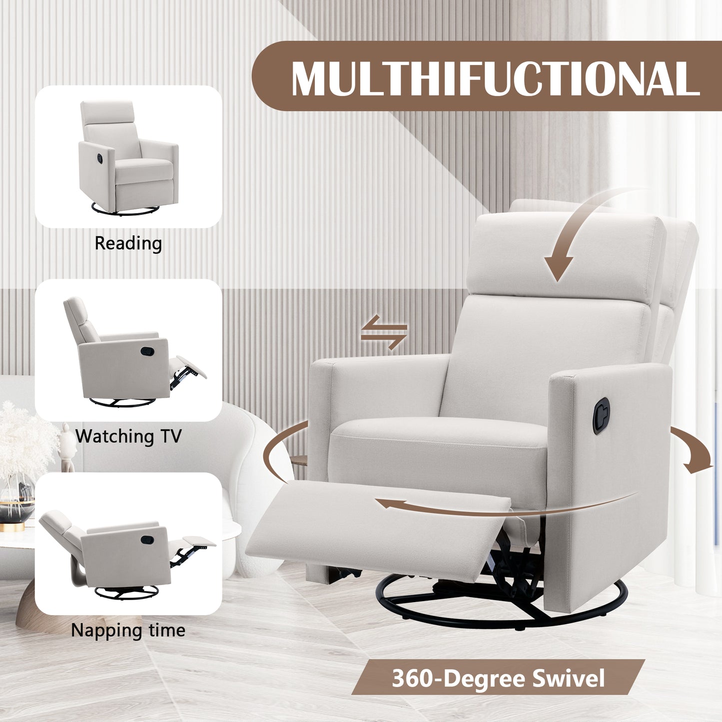 Modern Upholstered Rocker Nursery Chair Plush Seating Glider Swivel Recliner Chair Beige