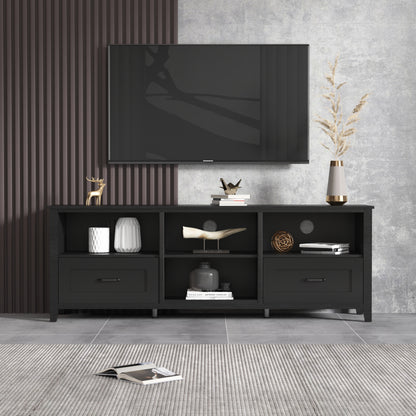 Mueble de TV negro de 70 pulgadas con 2 cajones y 4 compartimentos de almacenamiento, perfecto para salas de estar y dormitorios