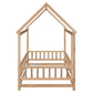 Twin Size Floor Wooden Bed with House Roof Frame, Fence Guardrails