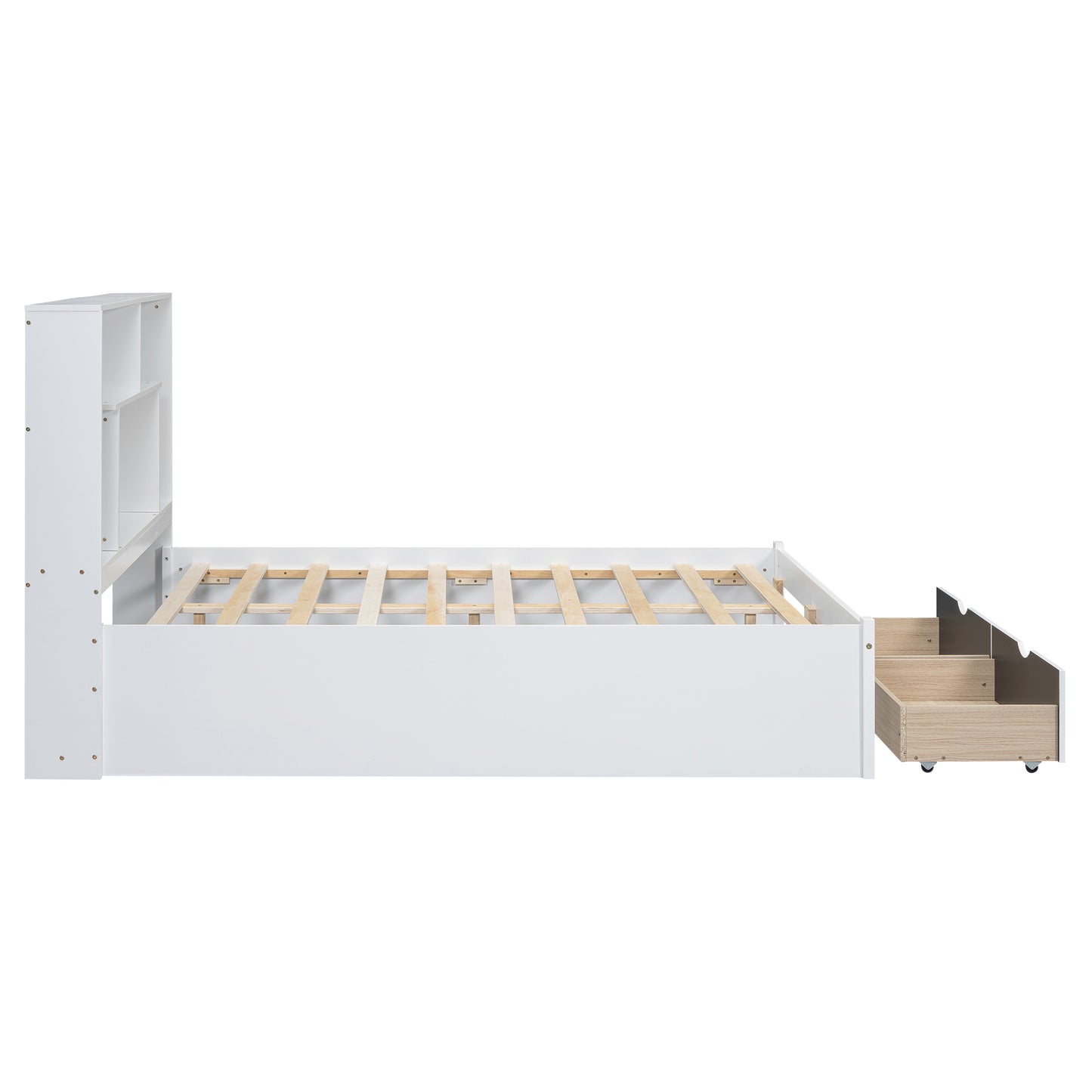 Full Size Platform Bed with Storage Headboard and 2 Drawers, White