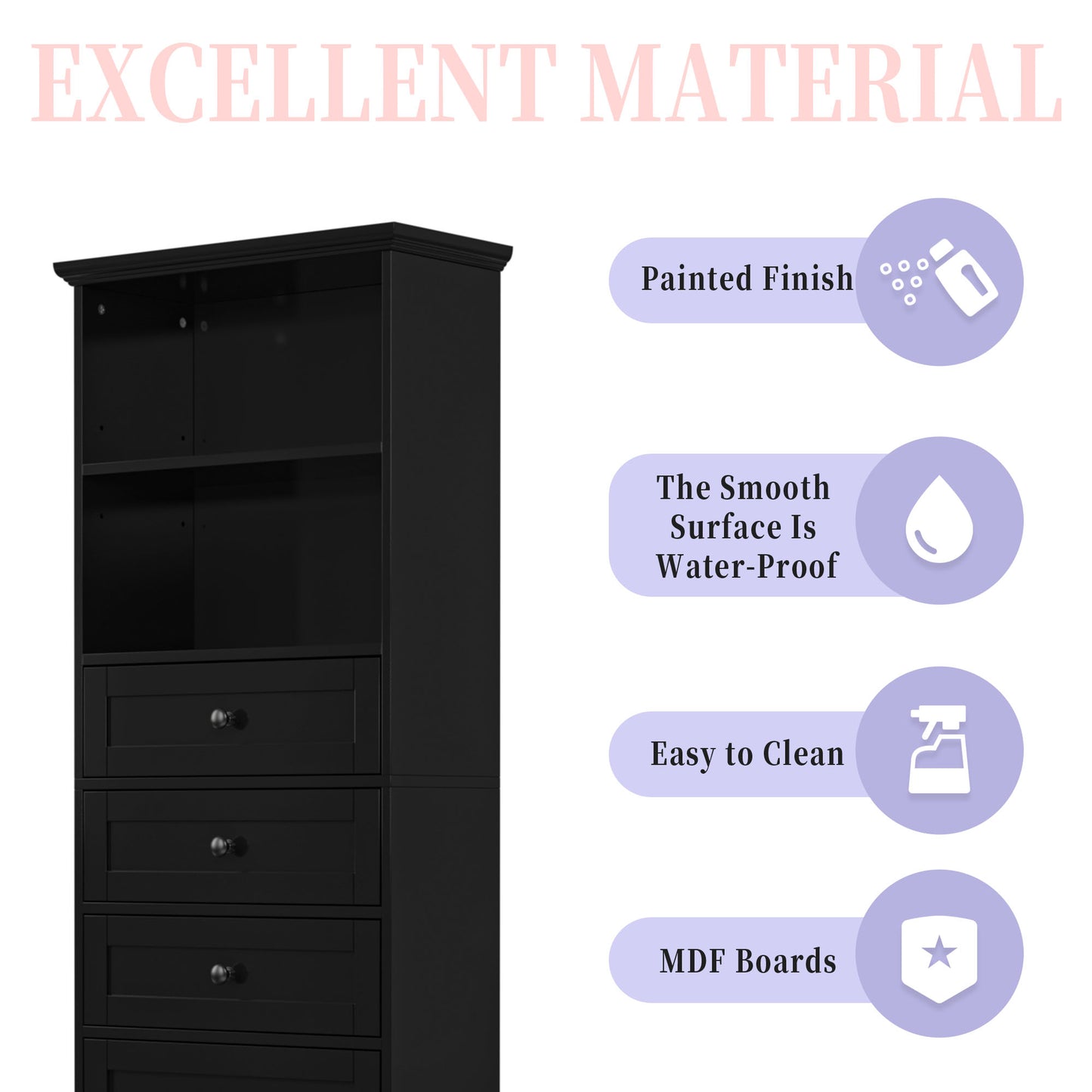 Black high storage cabinet with 3 drawers and adjustable shelves, MDF board painted