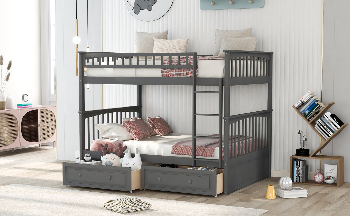 Full over Full Bunk Bed with Drawers, Convertible Beds  Gray