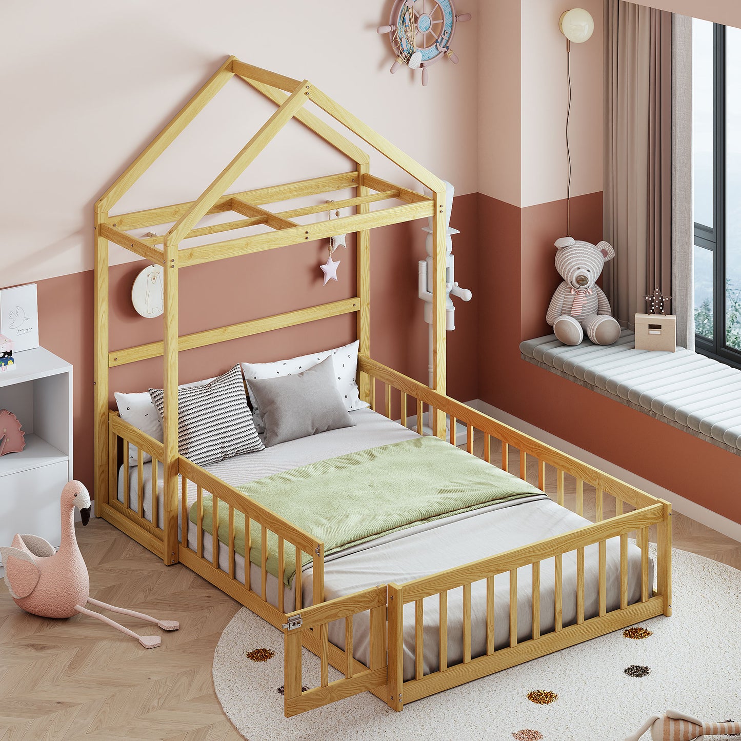 Wooden Full Size Children's Bed with Detachable Headboard and Integrated Clothes Drying Rack, Natural