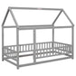 Twin Size Floor Wooden Bed with House Roof Frame, Fence Guardrails,Grey