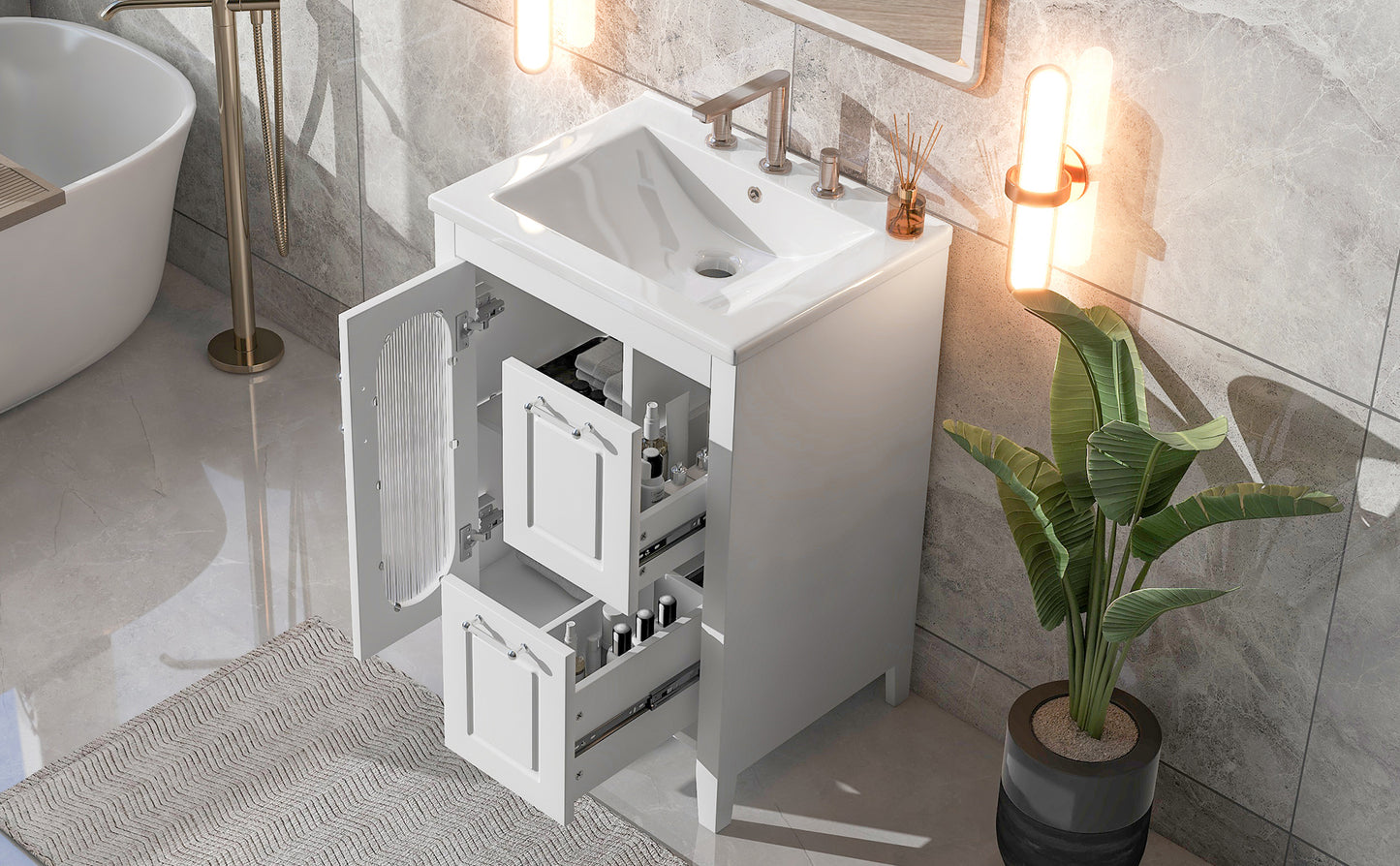 Bathroom Vanity with Sink, Bathroom Vanity Cabinet with Two Drawers and Door, Adjustable Shelf, Solid Wood and MDF, White