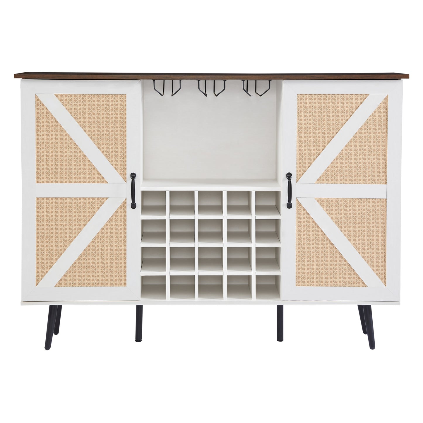 White Faux Rattan Barn Door Wine Cabinet with Wine Rack and Wine Glass Rack, Double Door Design with Removable Shelves