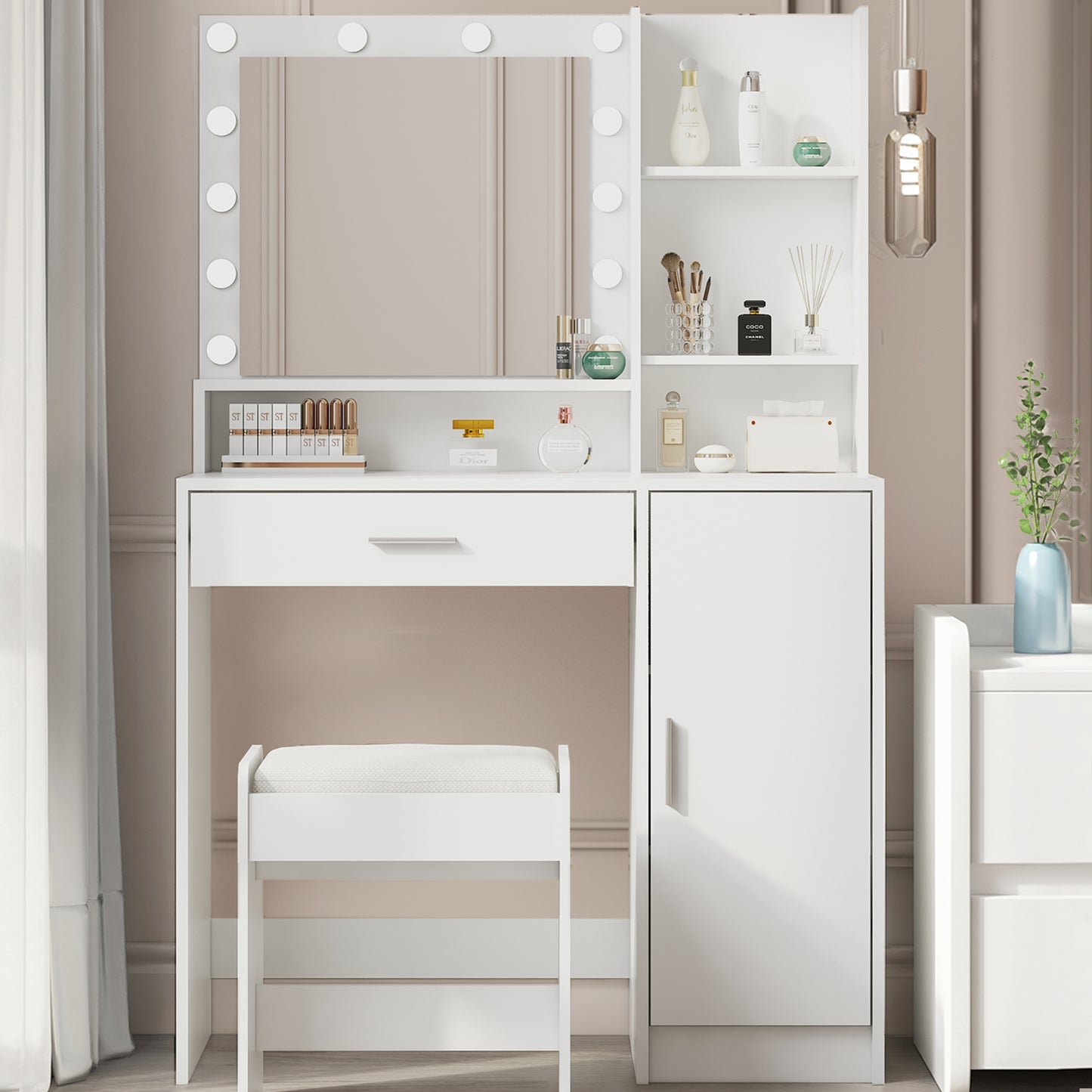 Large drawer with mirror and light, three-layer storage vanity, adjustable brightness for 3 lighting modes (white with stool)