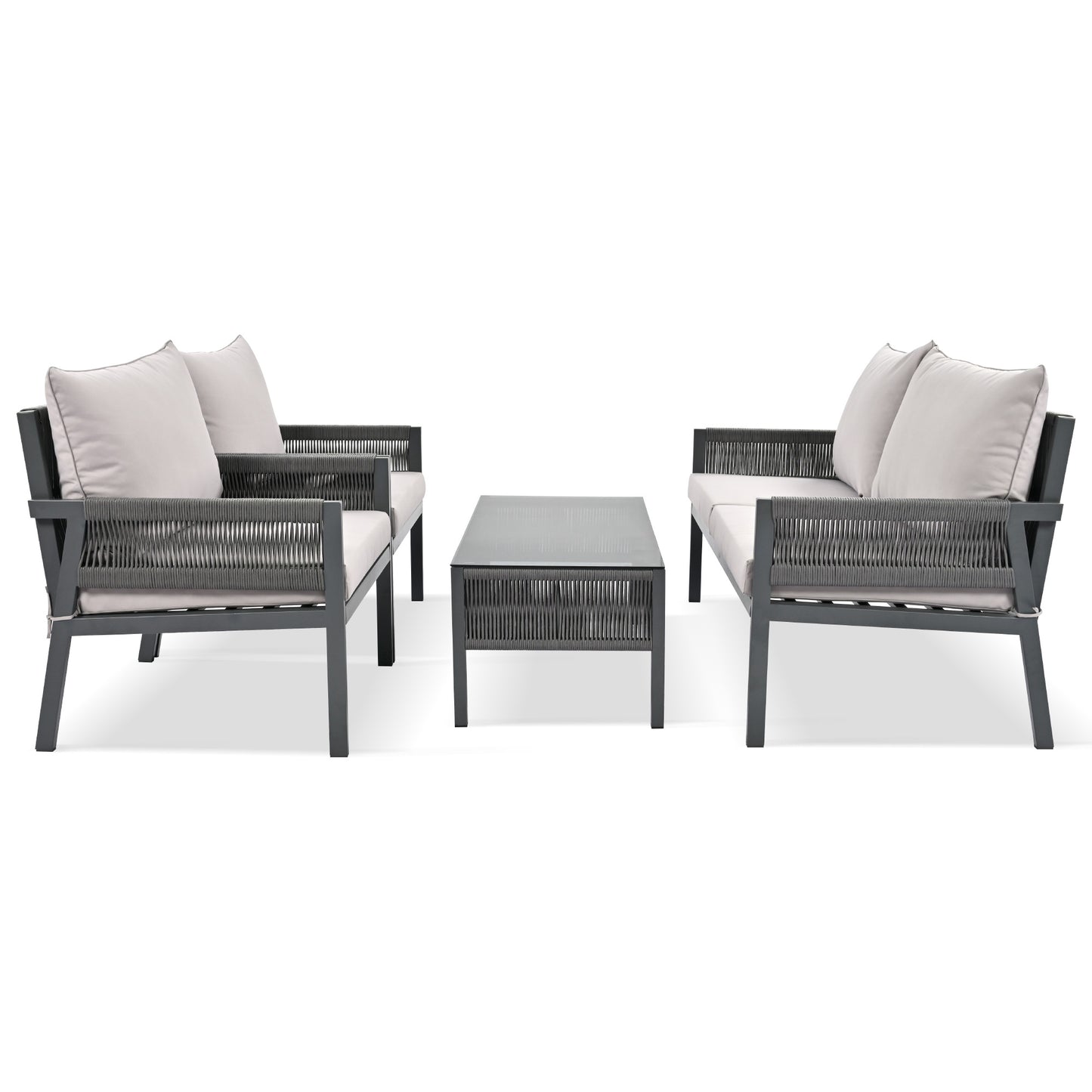 Muebles de exterior con mesa de vidrio templado, asientos profundos con cojines gruesos para patios y porches, color gris