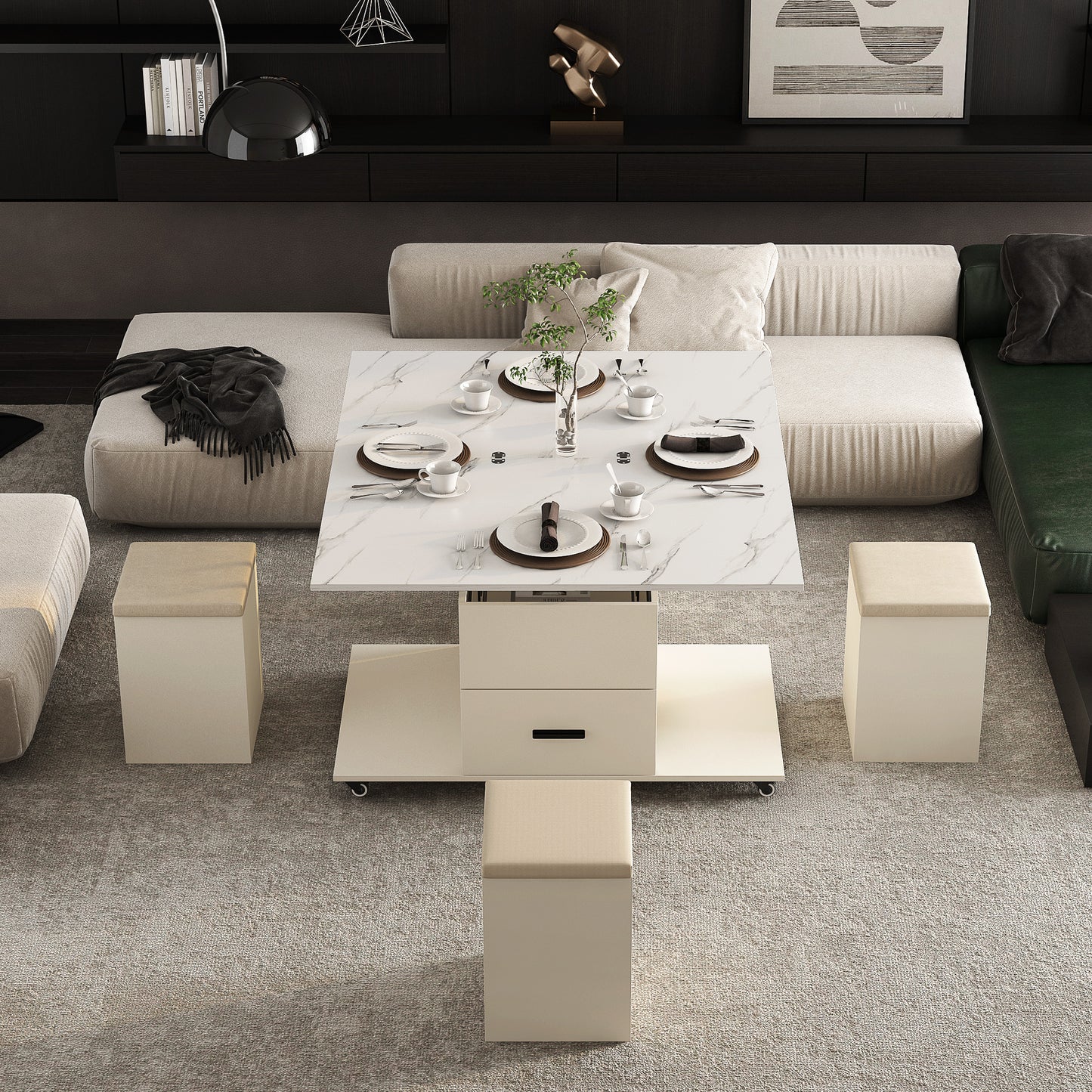 Modern Lift Coffee Table with 4 Chairs, Expandable Design with Hidden Storage and 2 Drawers