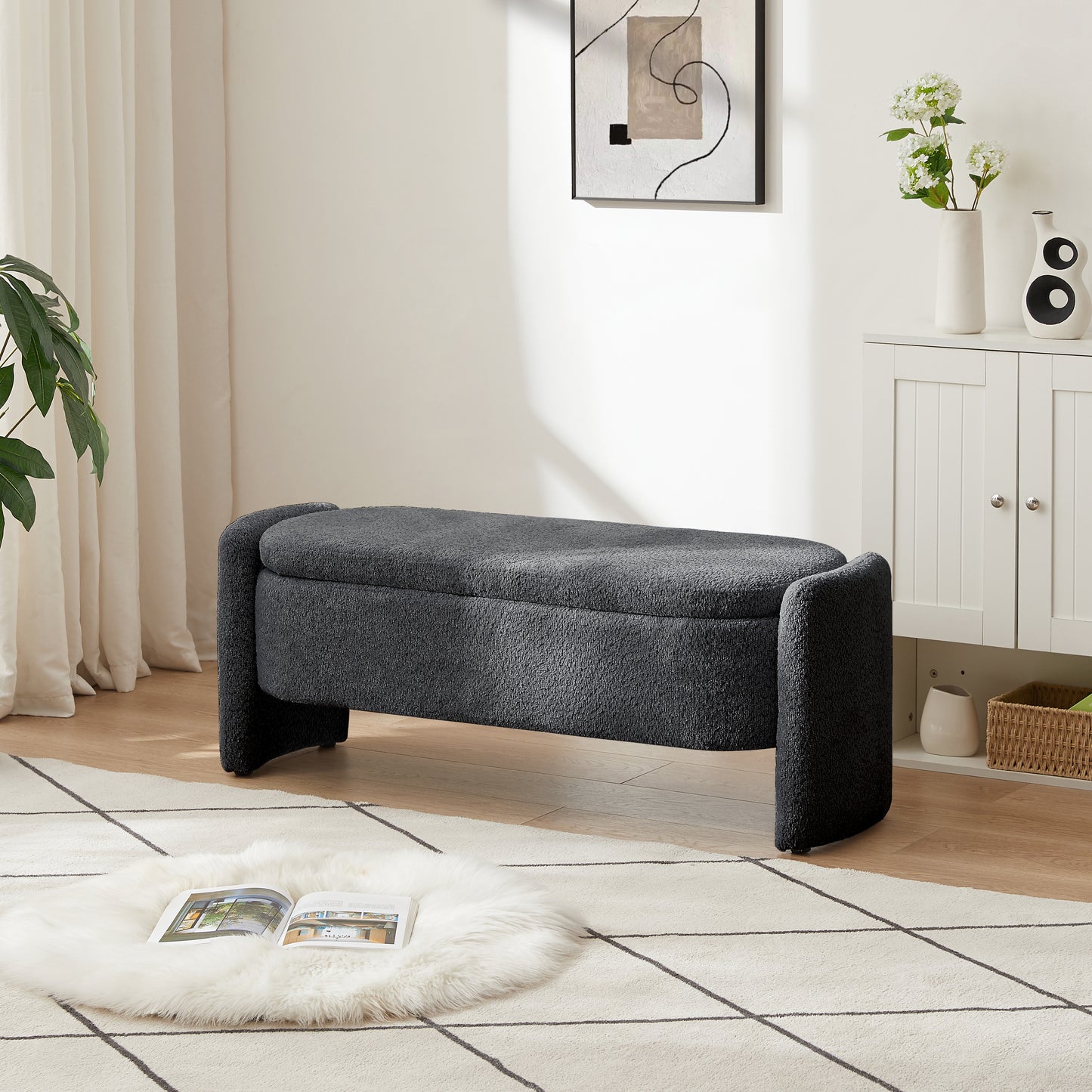 Ottoman Oval Storage Table 3D Lamb Fleece Fabric Table with Large Storage Space, Dark Grey