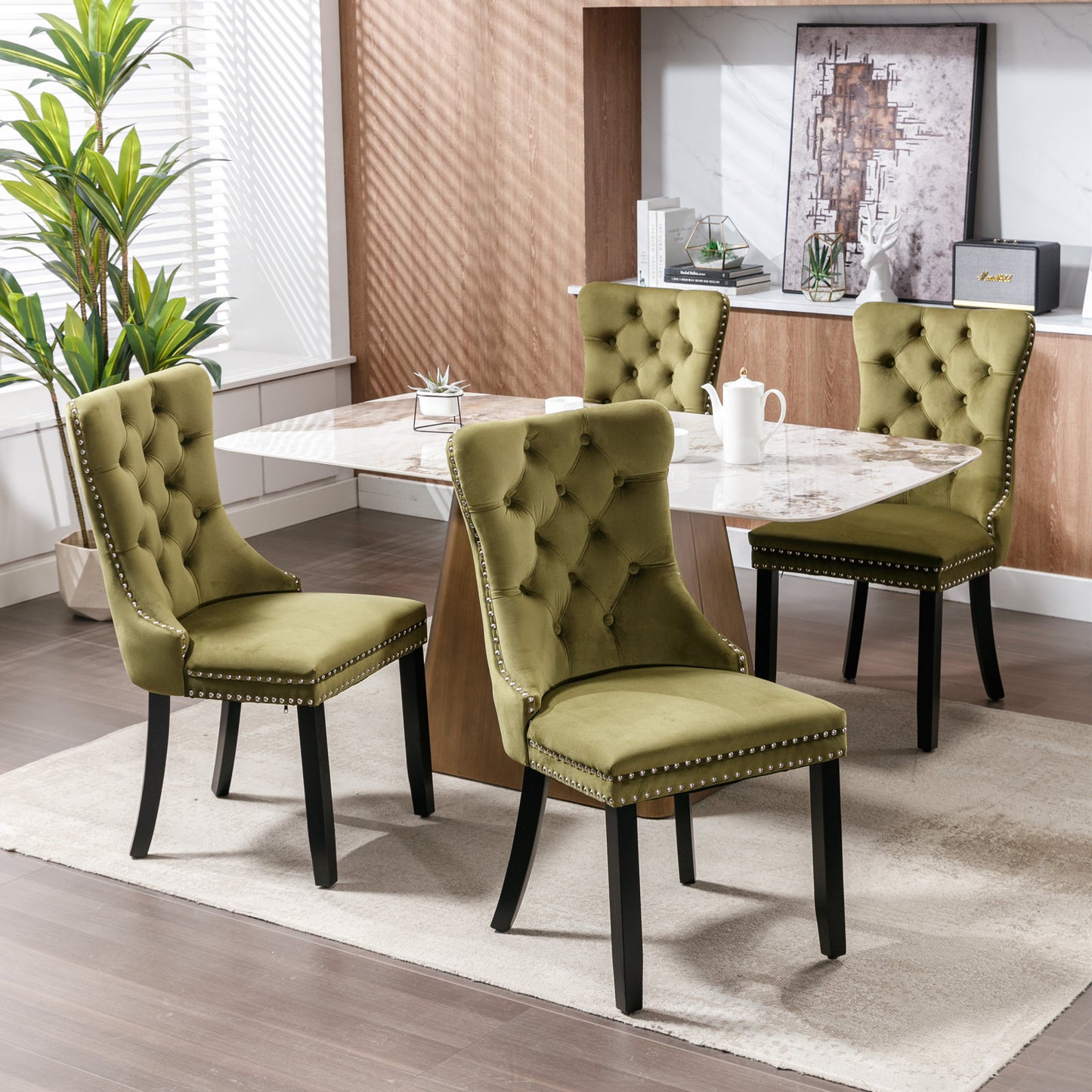 High-end Tufted Solid Wood Contemporary Velvet Upholstered Dining Chair with Wood Legs Nailhead Trim 2-Pcs Set Olive-Green