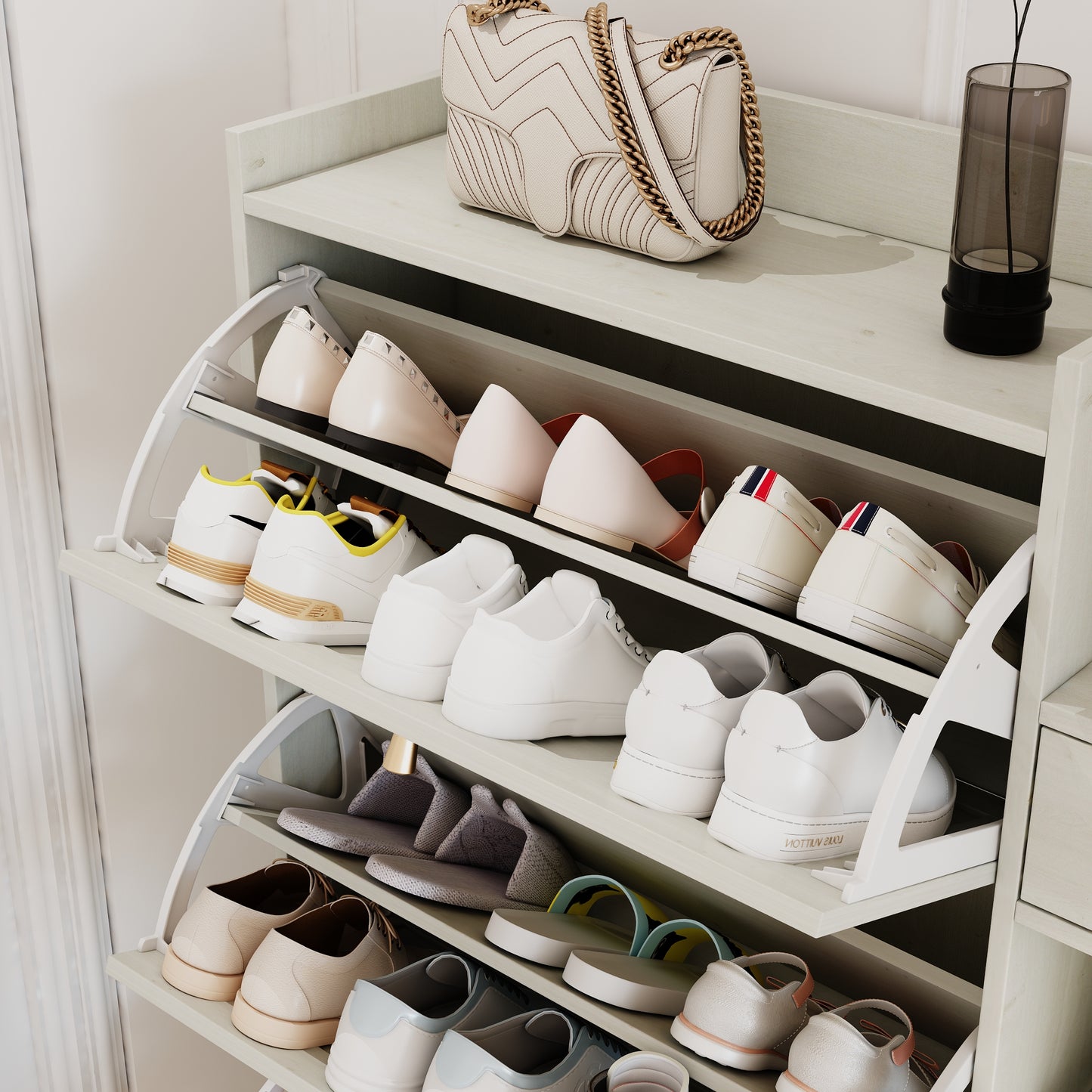 Natural Bohemian style shoe cabinet with 3 rattan flip drawers, 3 square shelves, and 1 storage drawer, white