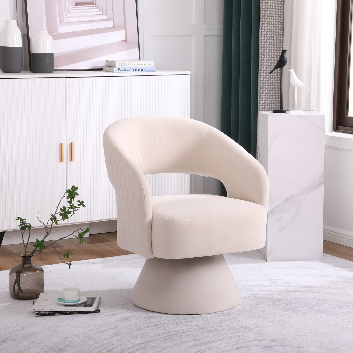 Swivel Accent Chair, Round Barrel Design in Fabric, Perfect for Living Rooms and Bedrooms, Beige