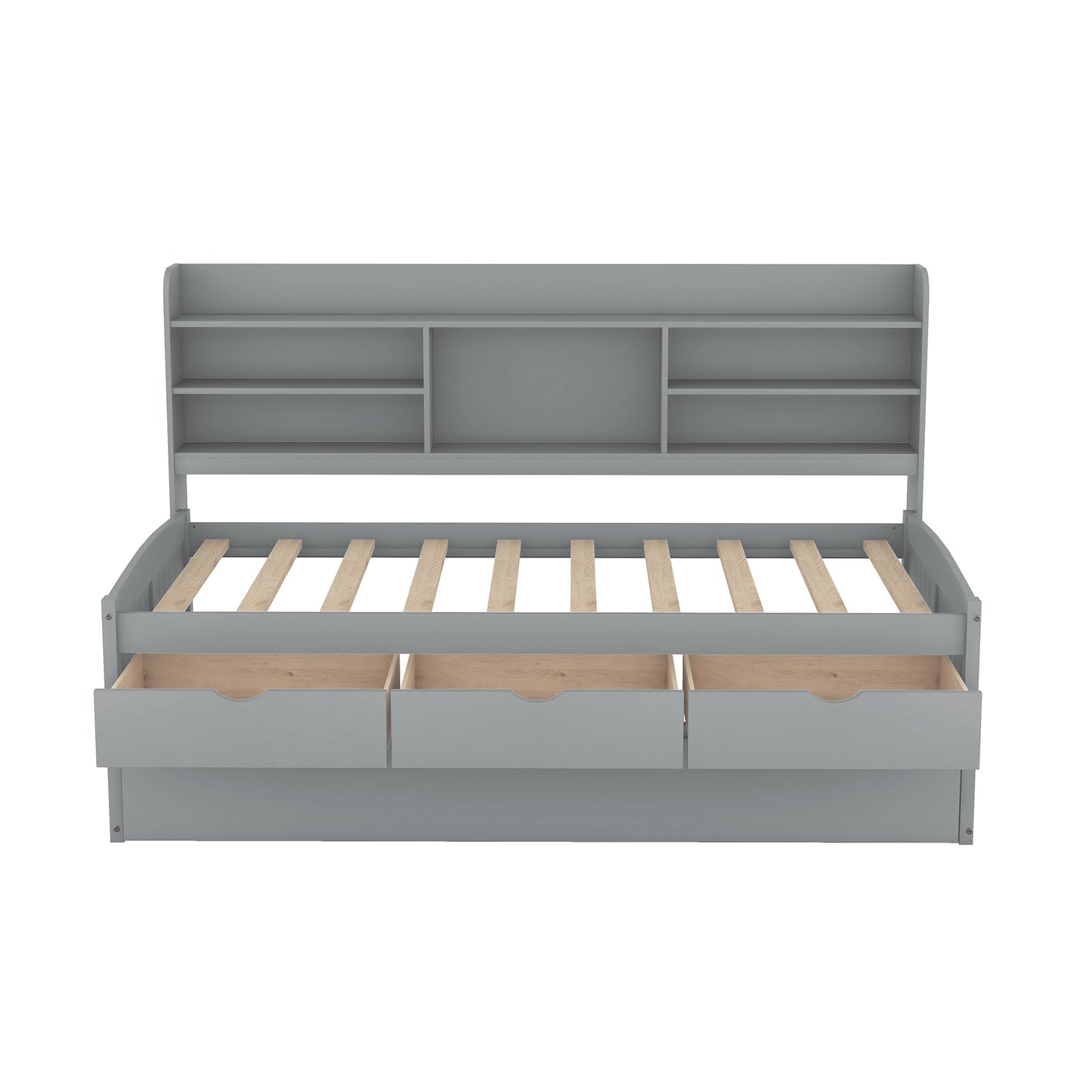 Twin Size Wooden Captain Bed with Built-in Bookshelves,Three Storage Drawers and Trundle Light Grey