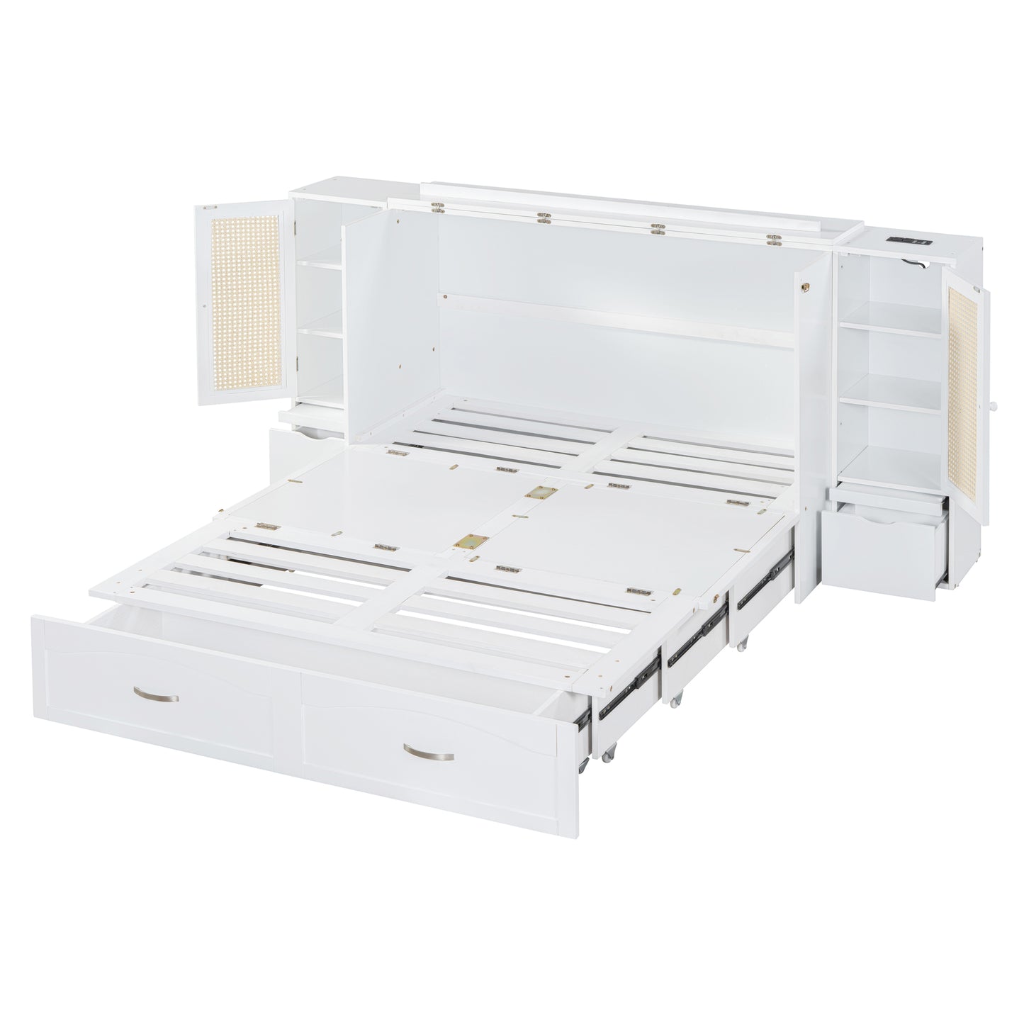 Cama plegable grande con cajones, gabinetes de almacenamiento y puertos USB, acabado blanco