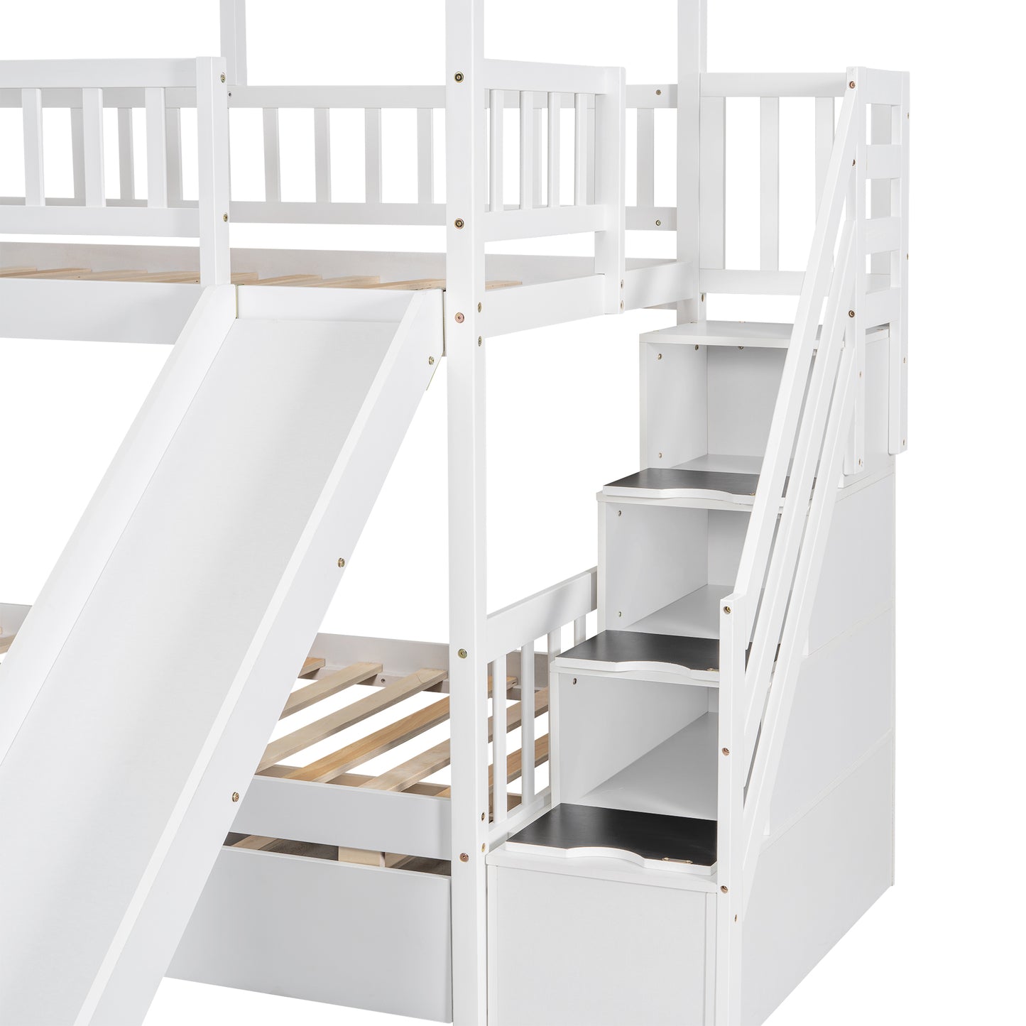 Twin over Twin House Bunk Bed with Trundle and Slide Storage Staircase Roof and Window Design  White