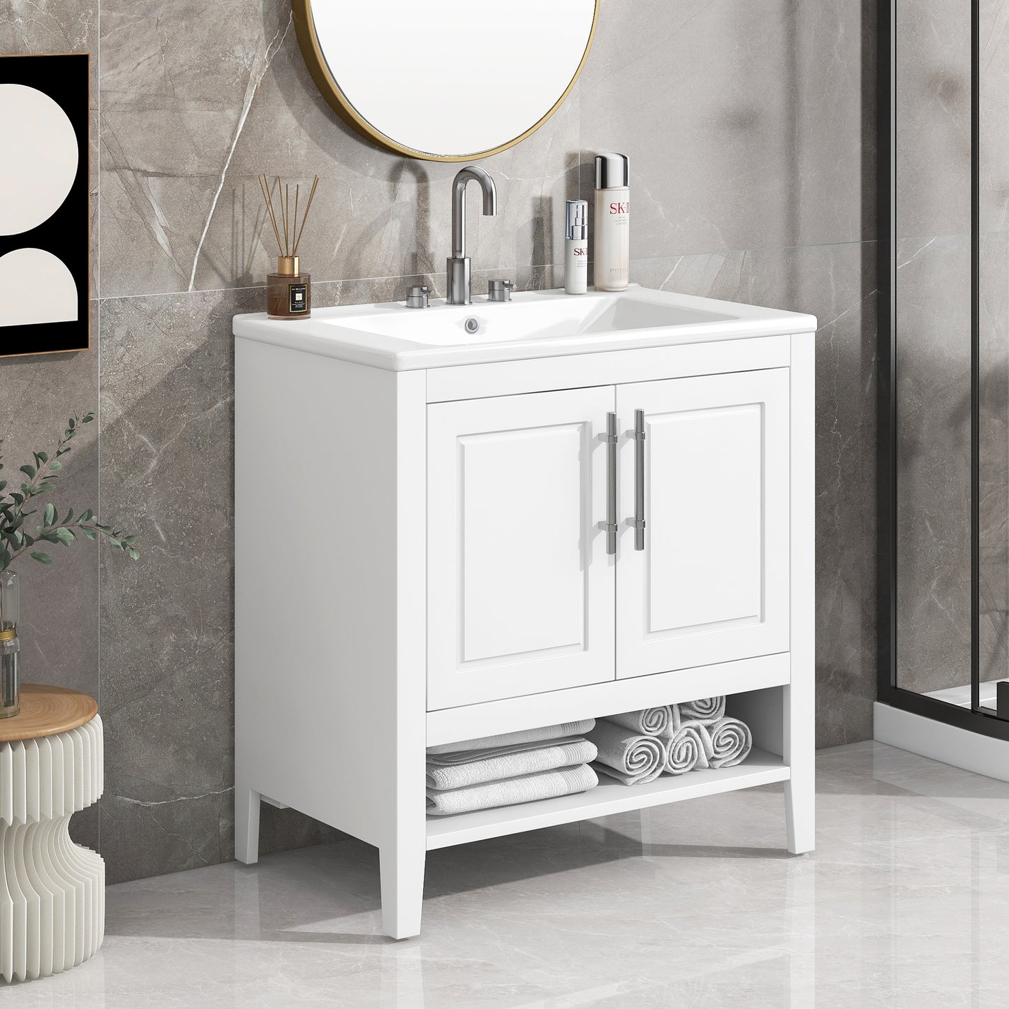 Bathroom Vanity with Sink Multi-functional Bathroom Cabinet with Doors and Drawers Solid Frame and MDF Board, White