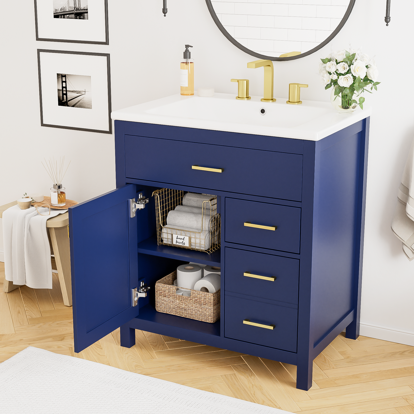 30-Inch Blue Bathroom Vanity with Ceramic Sink and Ample Storage - Ideal Choice for Small Bathrooms