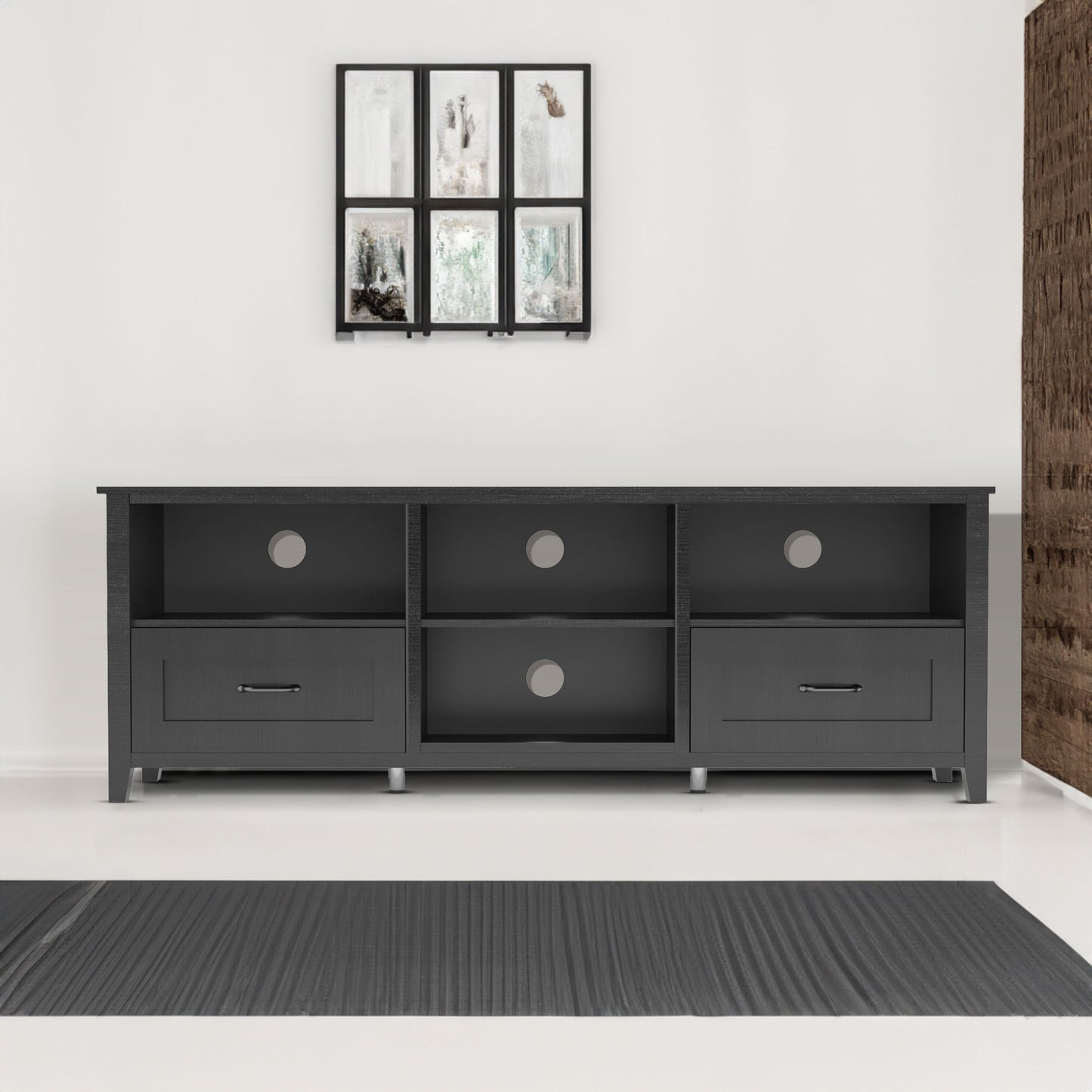 Mueble de TV negro de 70 pulgadas con 2 cajones y 4 compartimentos de almacenamiento, perfecto para salas de estar y dormitorios