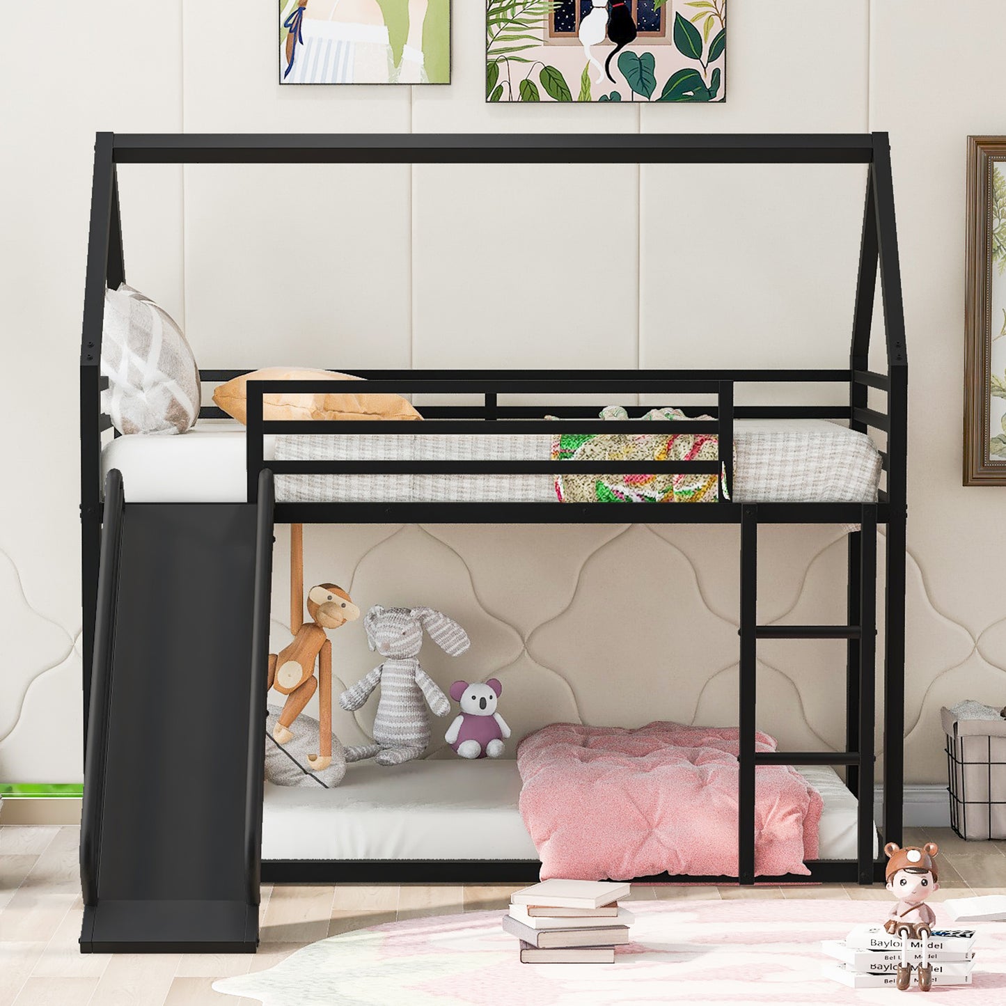 Twin over Twin House Bunk Bed with Ladder and Slide,Black