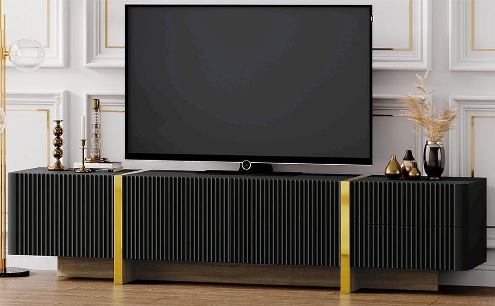 Luxury Fluted TV Stand for TVs Up to 80'', Modern Entertainment Center with Storage Cabinets & Drawers Black