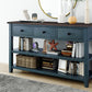 Retro Design Console Table with Two Open Shelves, Pine Solid Wood Frame and Legs for Living Room (Navy)