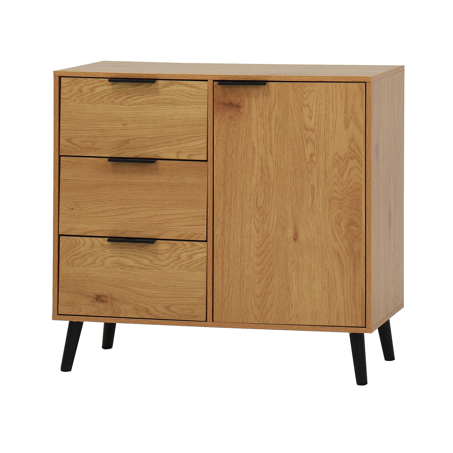 Storage cabinet with 3 drawers and adjustable shelves, medieval cabinet with doors in natural wood color