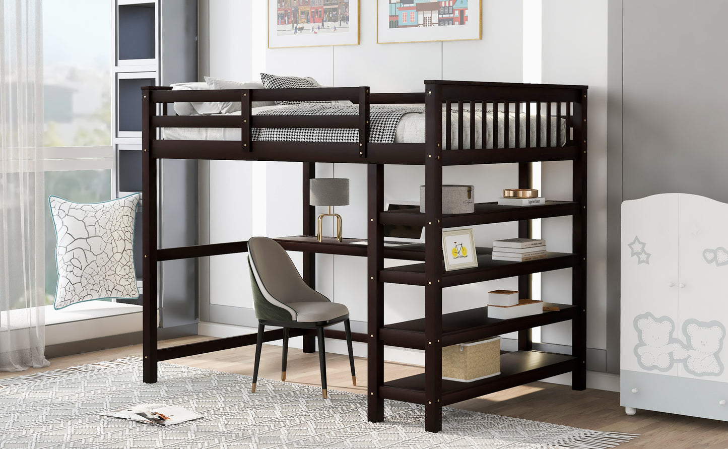 Full Size Loft Bed with Storage Shelves and Under-bed Desk  Espresso