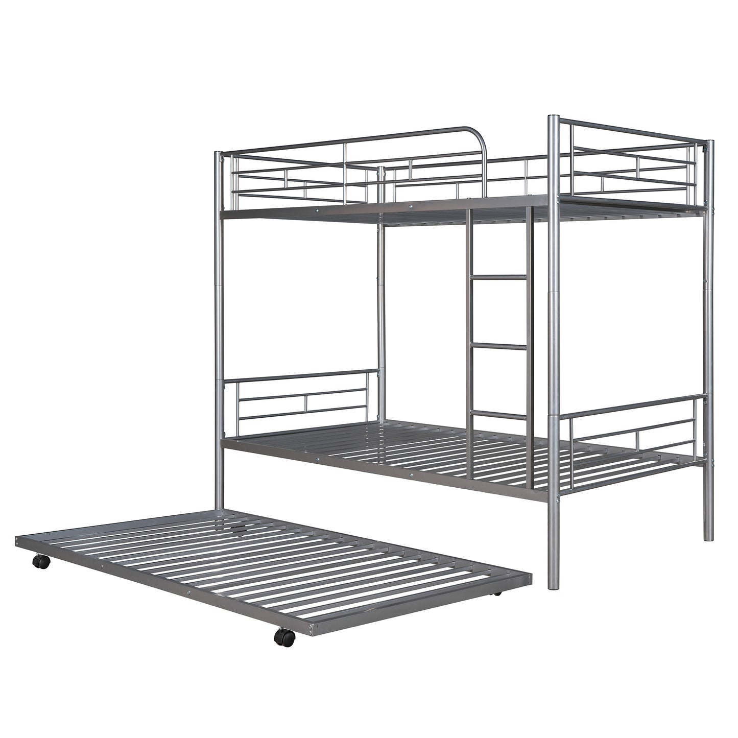 Twin-Over-Twin Metal Bunk Bed With Trundle Can be Divided into two beds No Box Spring needed White