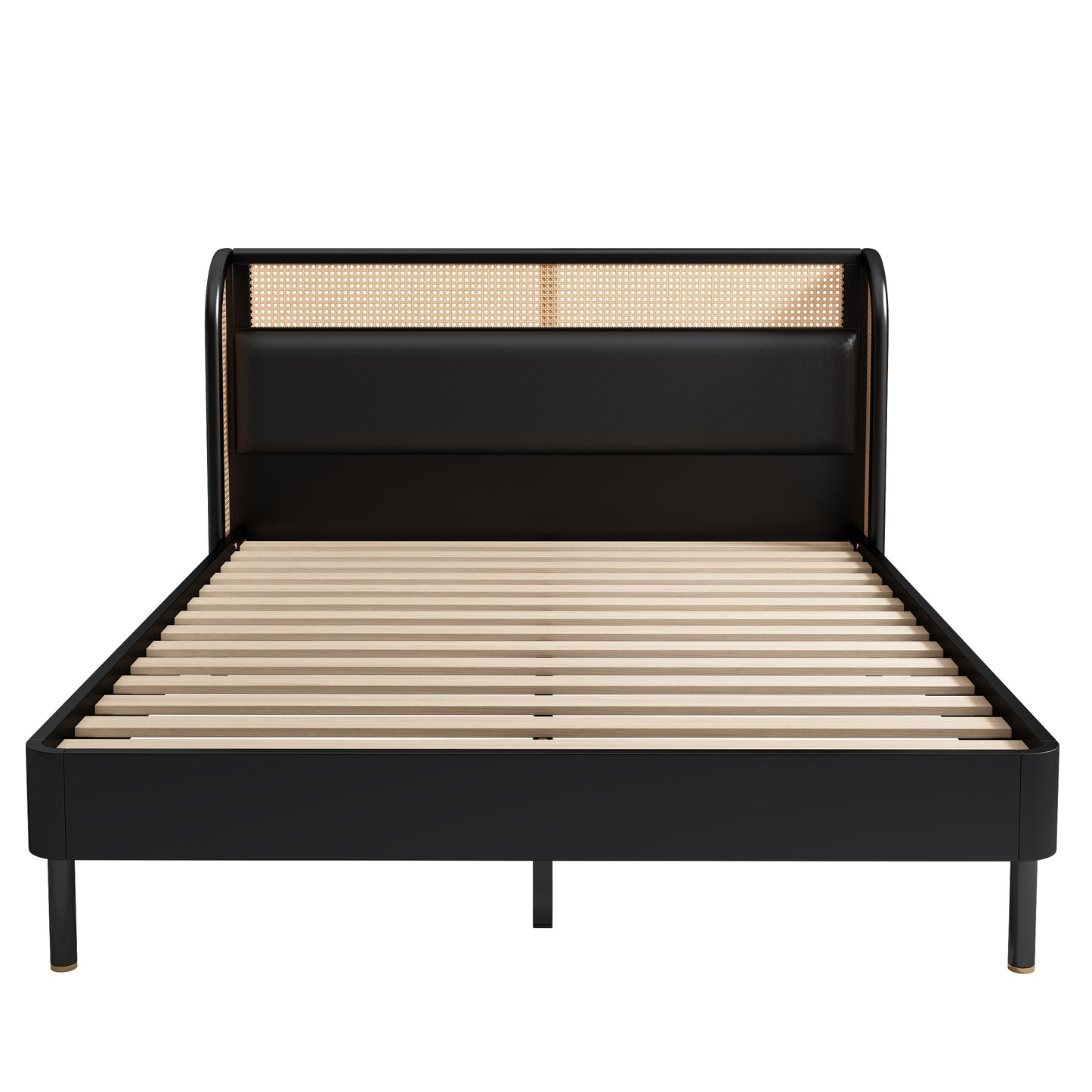 Moderna cama tamaño queen con plataforma de madera de ratán Cannage, acabado negro para dormitorios elegantes