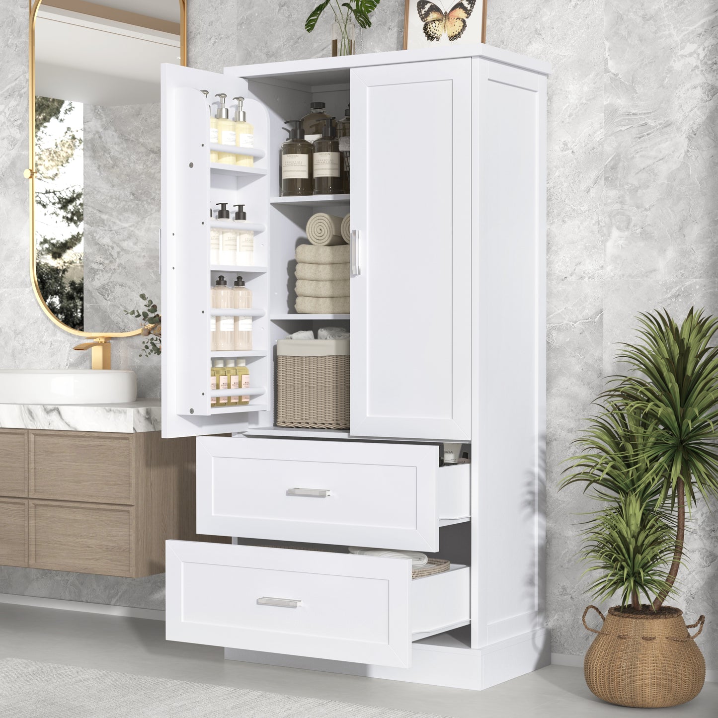 Tall Bathroom Storage Cabinet with Two Doors and Drawers, Adjustable Shelf, MDF Board, White Finish