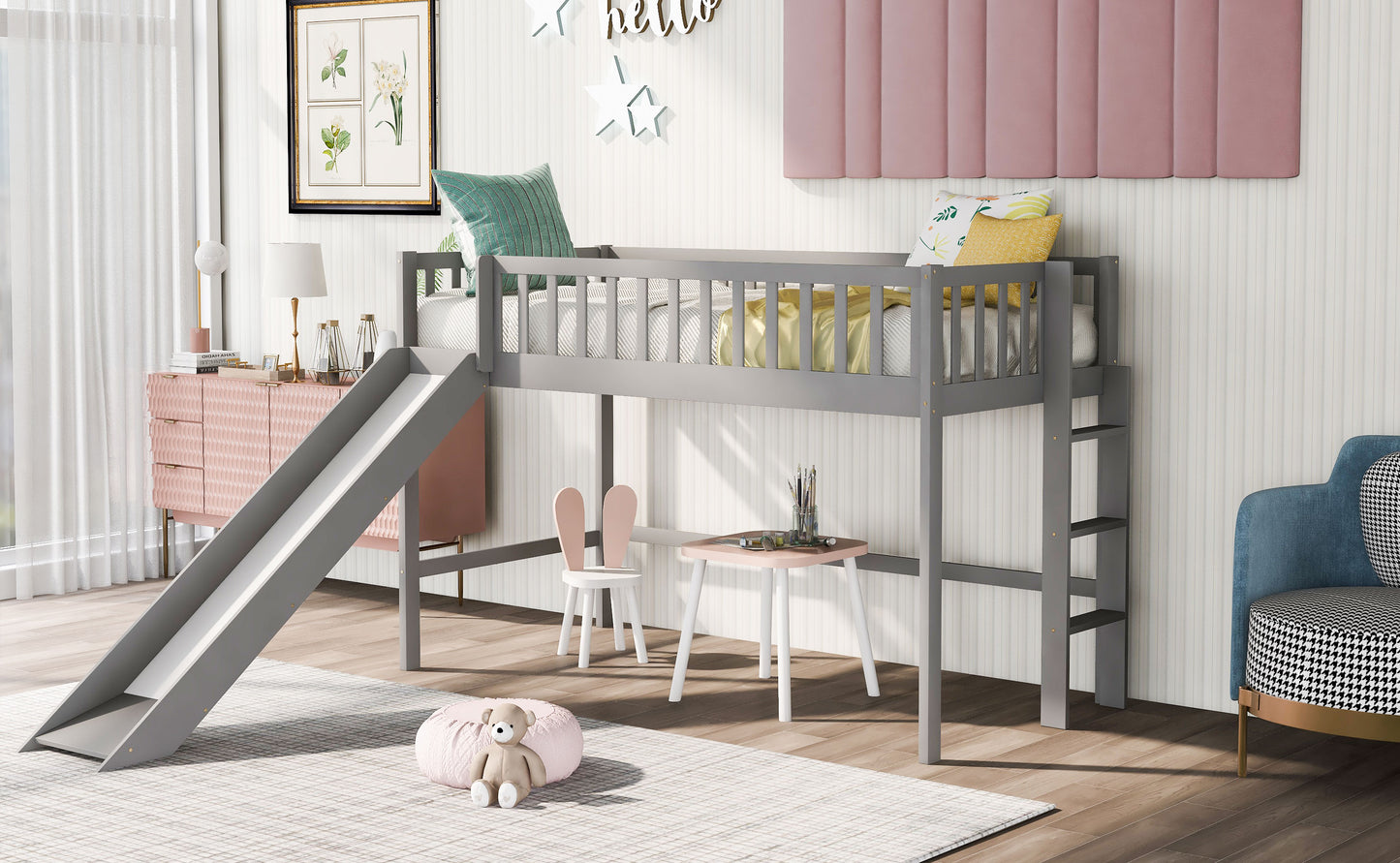 Twin Size Low Loft Bed with Ladder and Slide  Gray