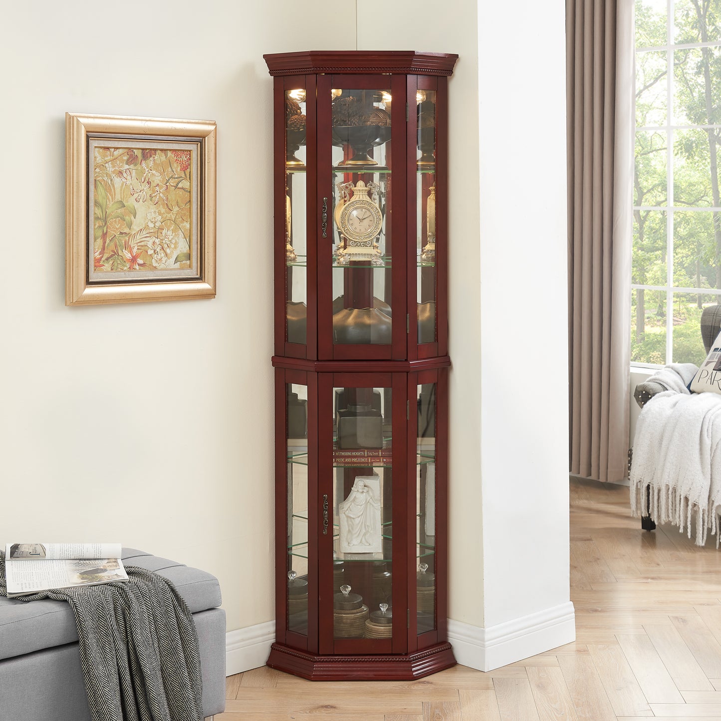 Corner Curio cabinet with lights, adjustable tempered glass frame, display cabinet, cherry color (excluding E26 light bulbs)