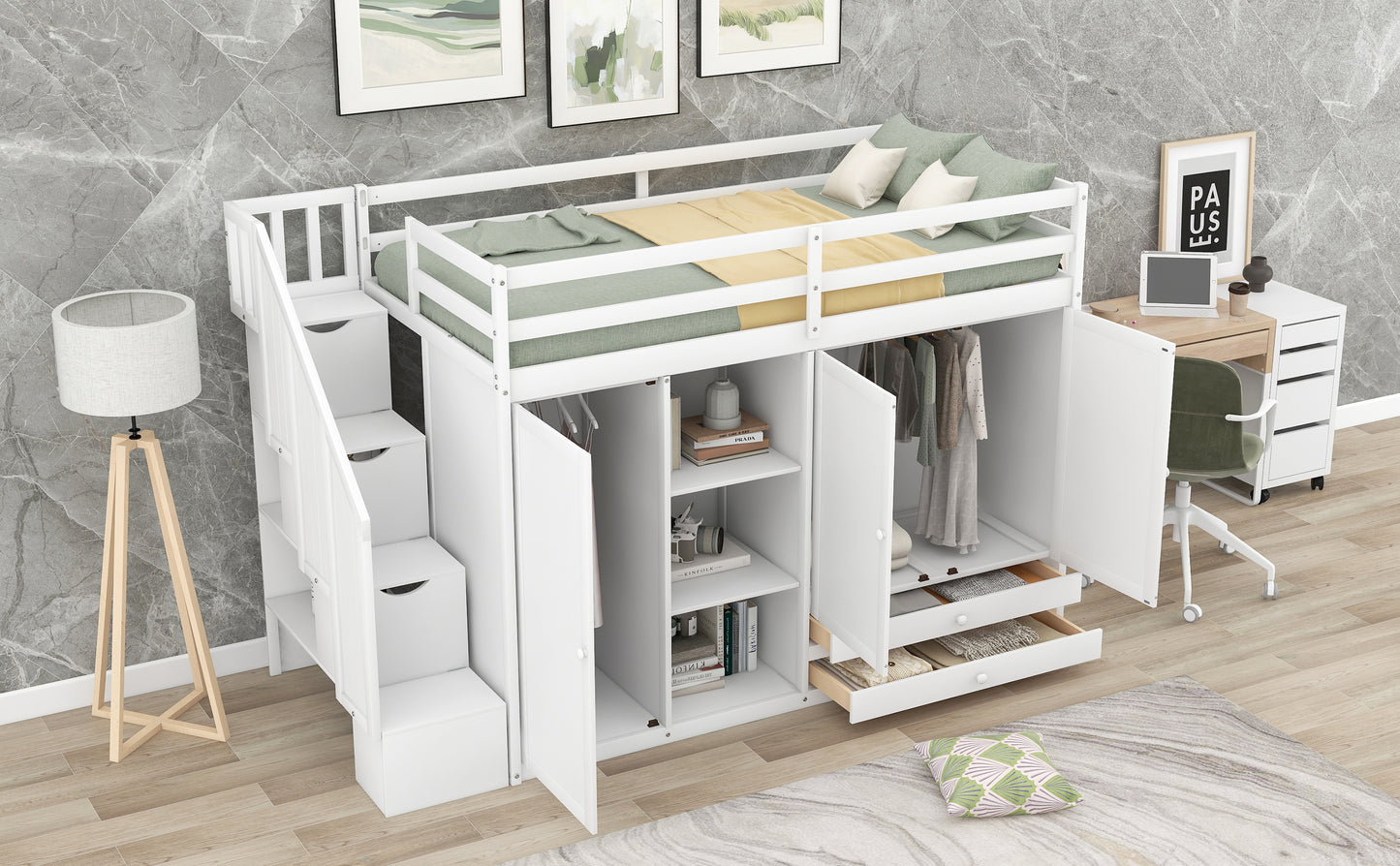 Functional Loft Bed with 3 Shelves, 2 Wardrobes and 2 Drawers, Ladder with Storage, No Box Spring Needed, White