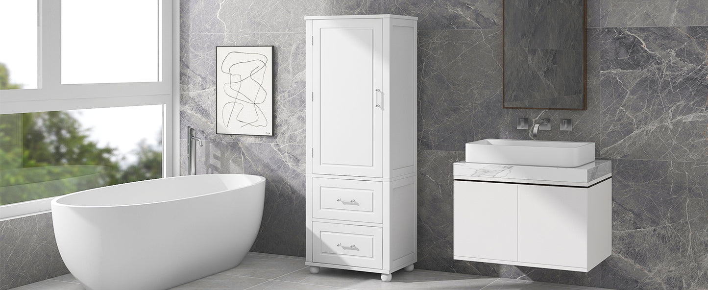 Tall Bathroom Storage Cabinet with 2 Drawers and Adjustable Shelf, White MDF Board Design