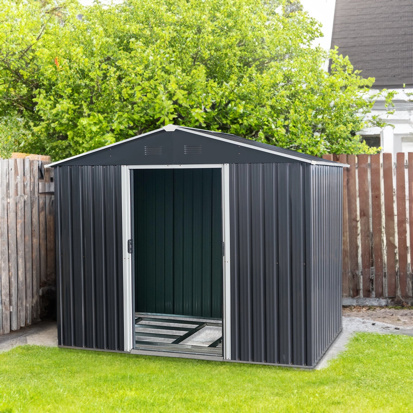 8ft x 6ft Outdoor Metal Storage Shed with Floor Base Black