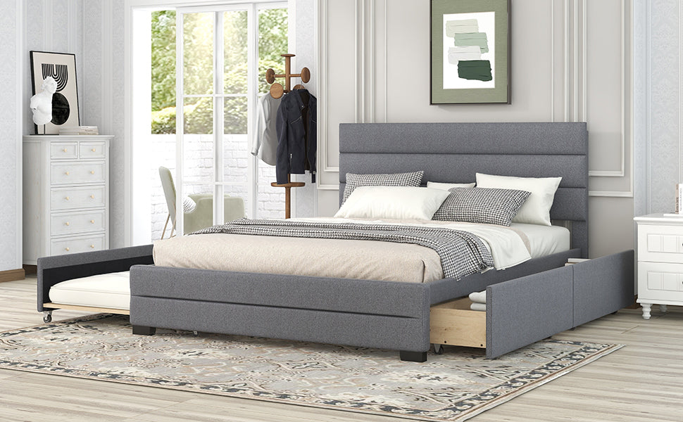 Queen Upholstered Platform Bed with Twin Size Trundle and Two Drawers Grey