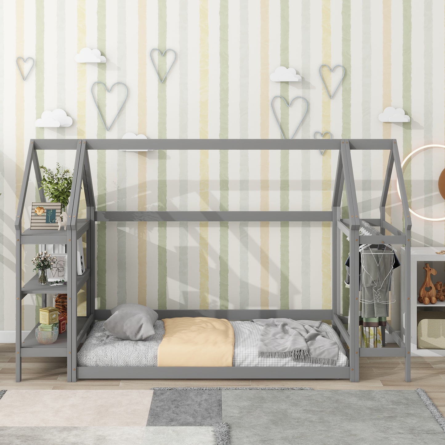 Twin House-Shaped Floor Bed with 2 Detachable Stands Grey