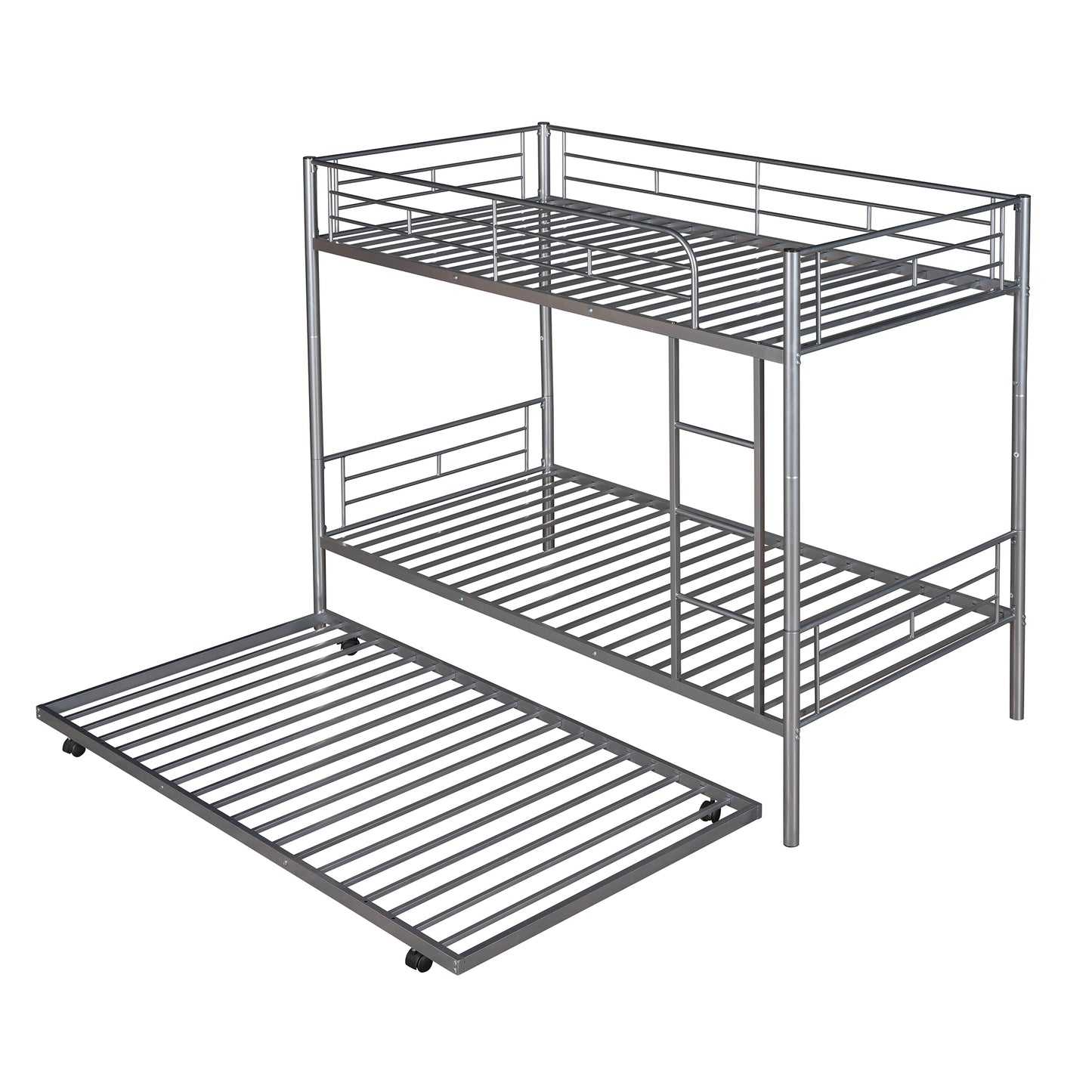 Twin-Over-Twin Metal Bunk Bed With Trundle Can be Divided into two beds No Box Spring needed White