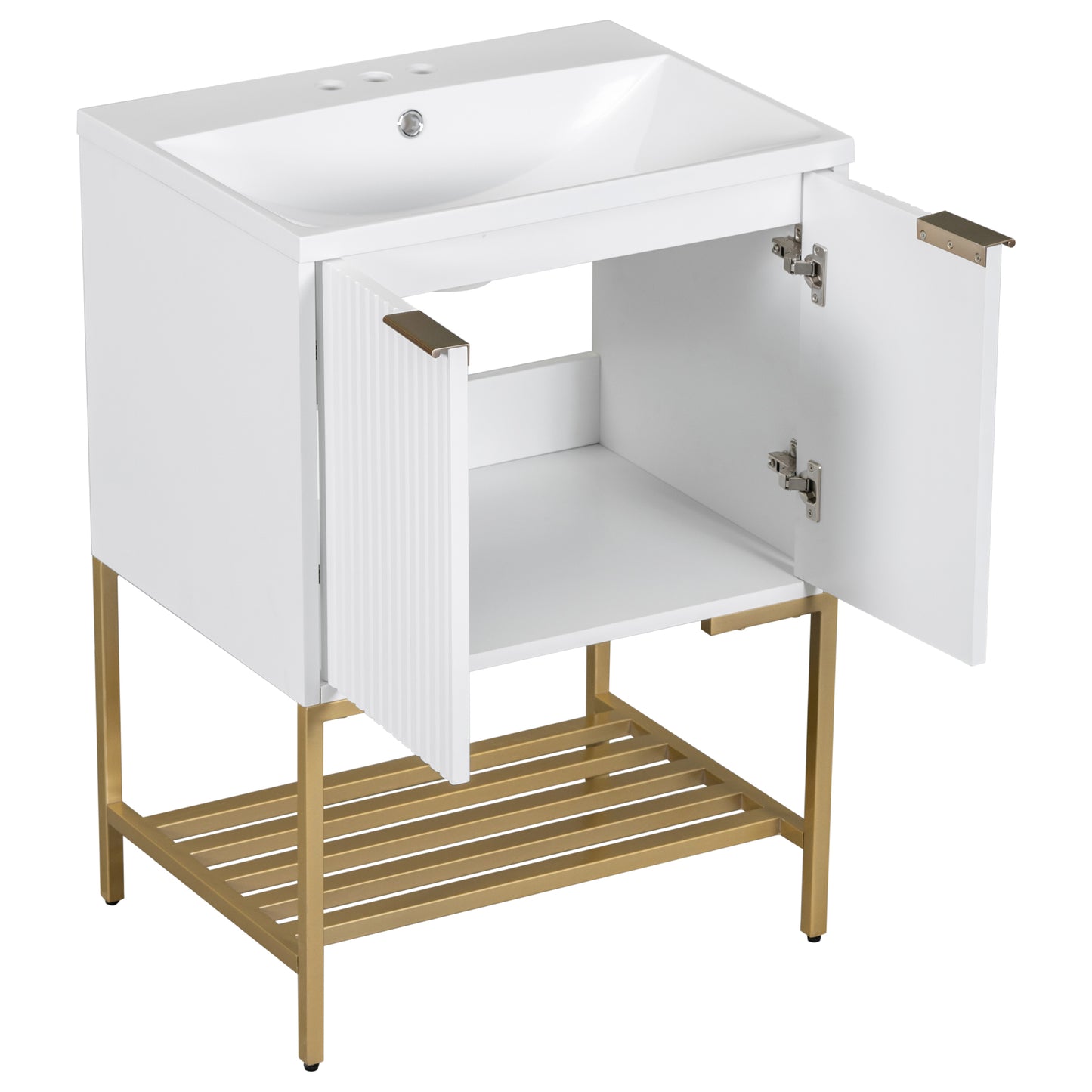 Bathroom Vanity with Sink, Bathroom Vanity Cabinet with Two Doors and Gold Metal Frame, Open Storage Shelf, White