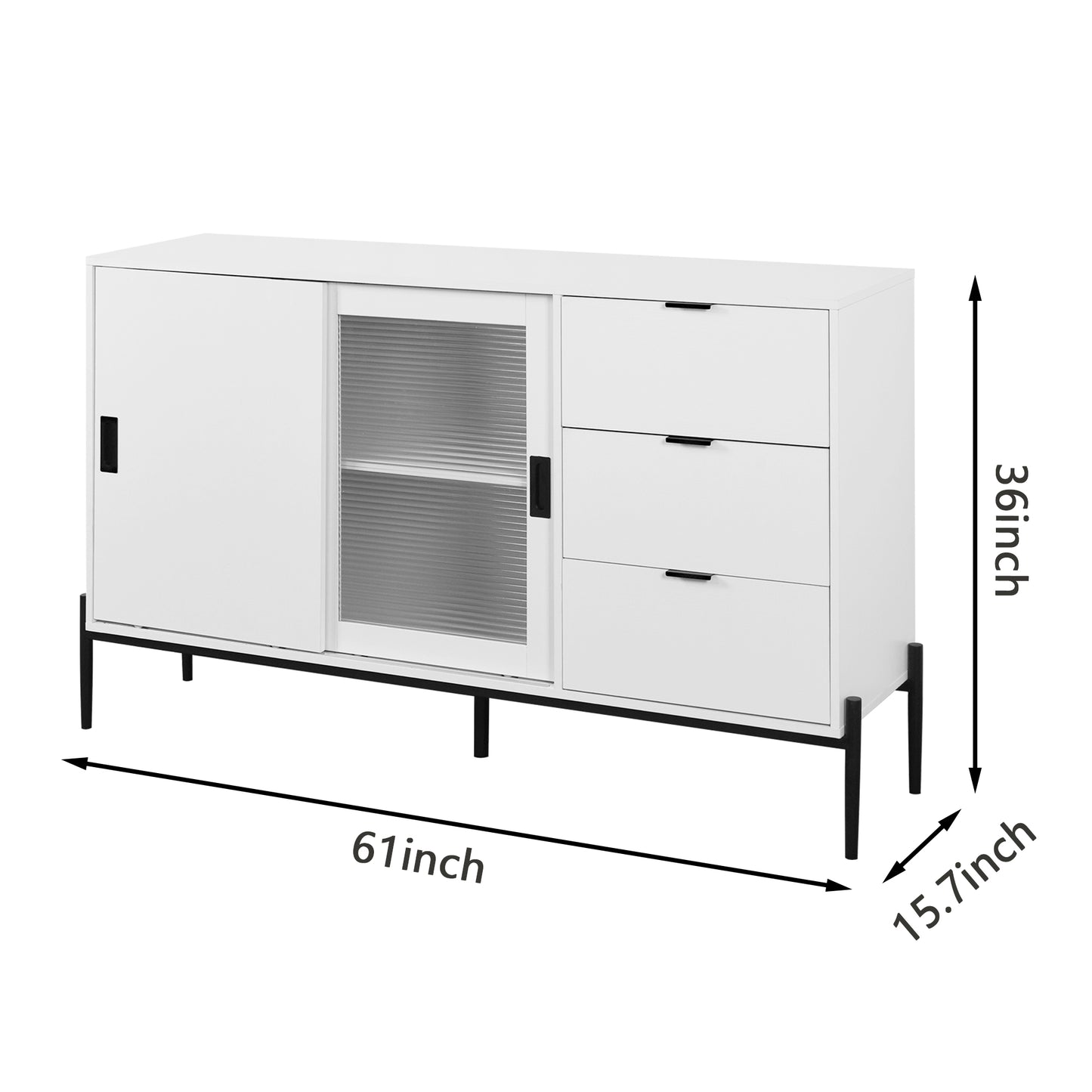 Modern characteristic storage cabinet side panel with glass sliding door and 3 drawers, dining table cabinet in white color