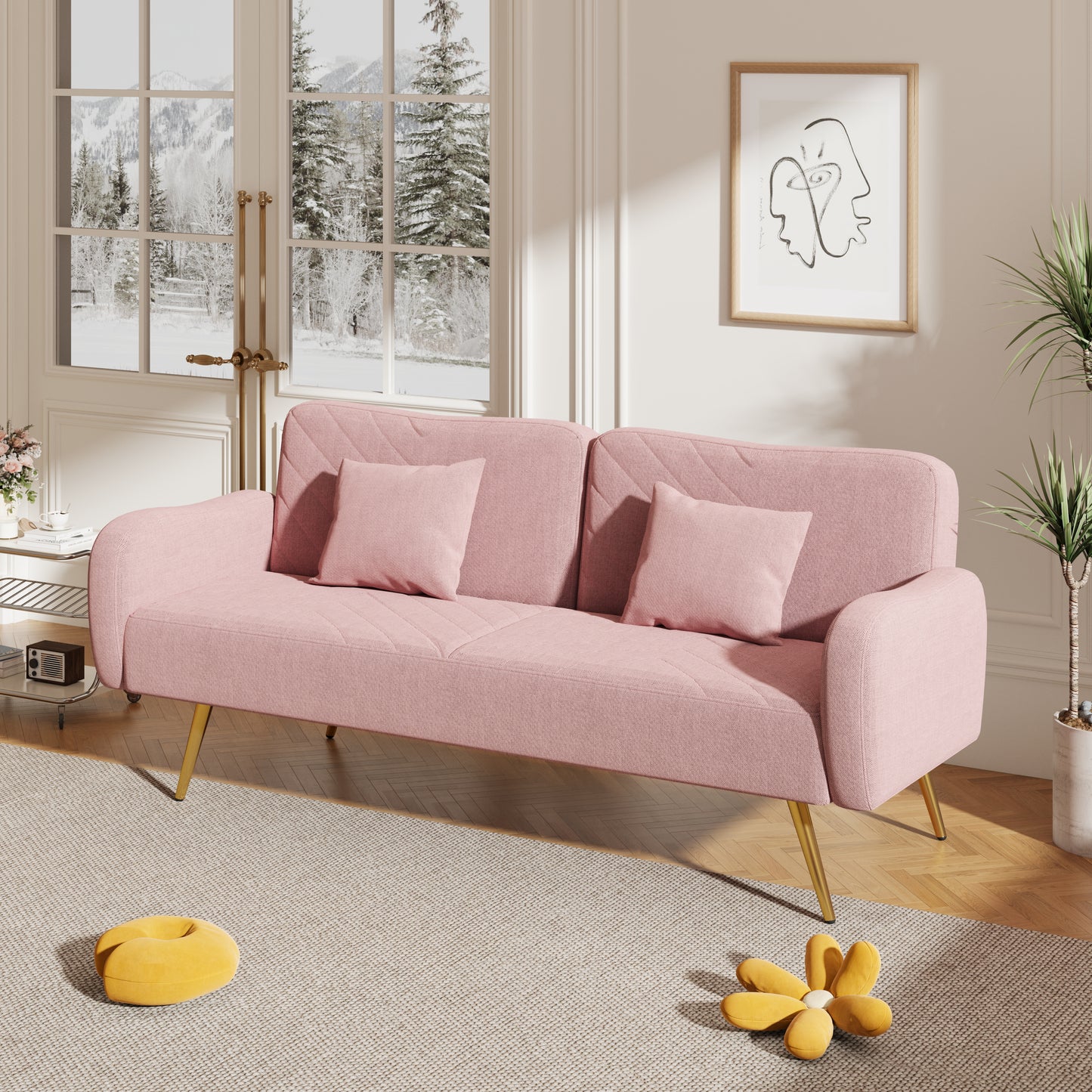 Pink Fabric Double Sofa with Split Backrest and Two Throw Pillows