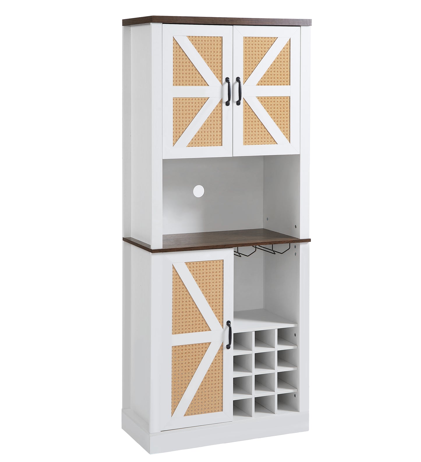 76-Inch Tall Farmhouse Kitchen Faux Rattan Wine Cabinet with Square Compartments and Shelves