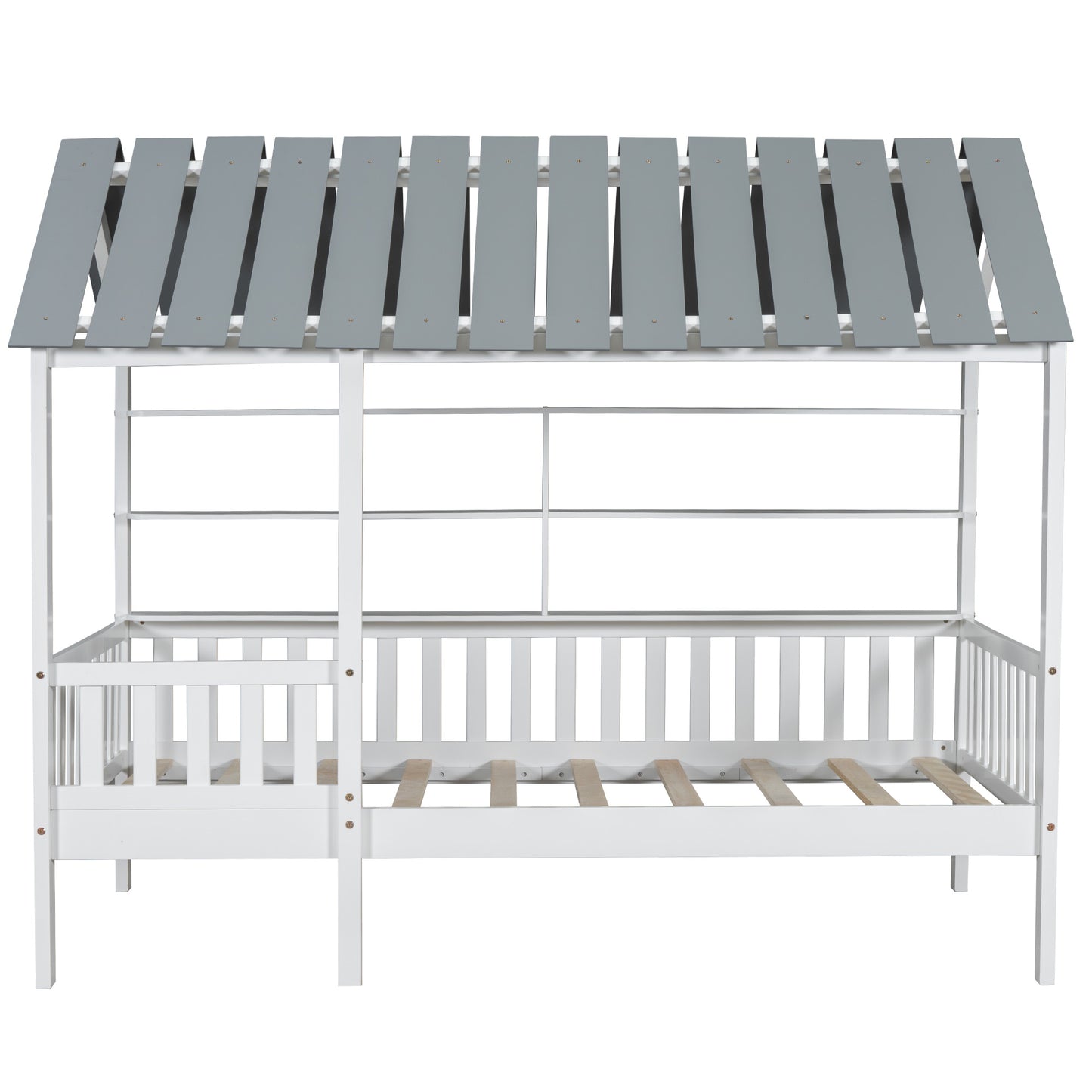 Wood Twin Size House Bed with Roof, Guardrail and Shelves, White