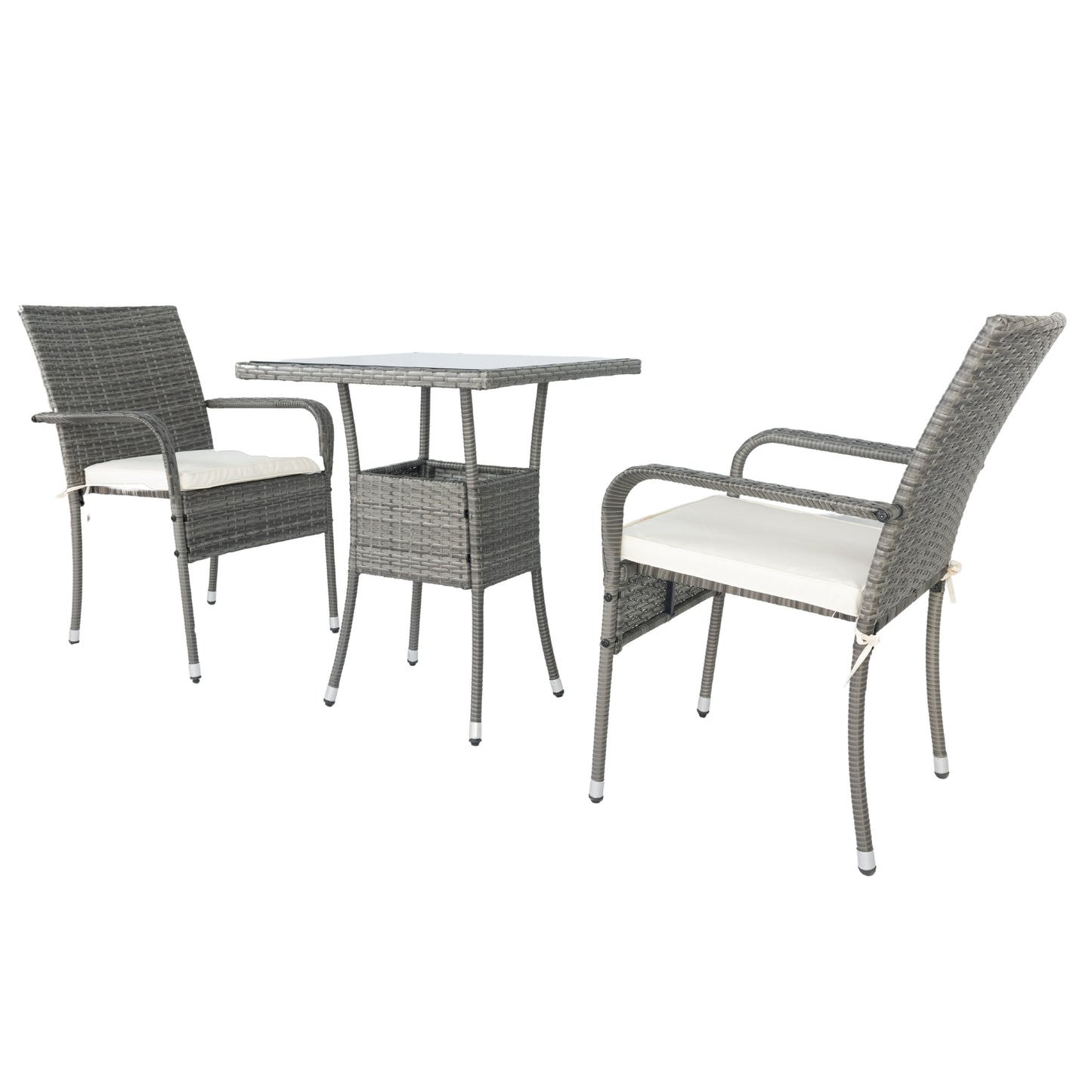 3 Piece Patio Wicker Conversation Set Grey Wicker + white Cushion