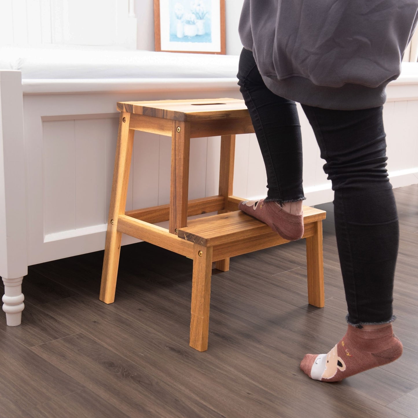 Acacia Wood Two-Step Stool, Small Rectangle Design for Functional Use