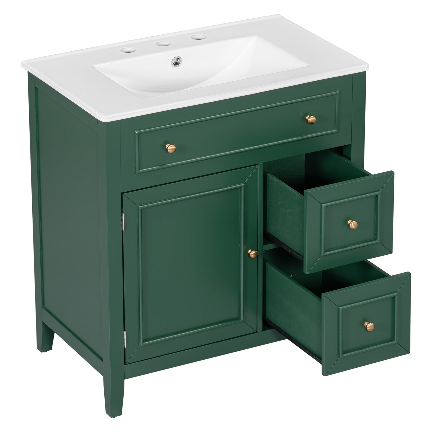 Mueble de baño de 30" con encimera de lavabo, armario de madera maciza con puerta y dos cajones, color verde